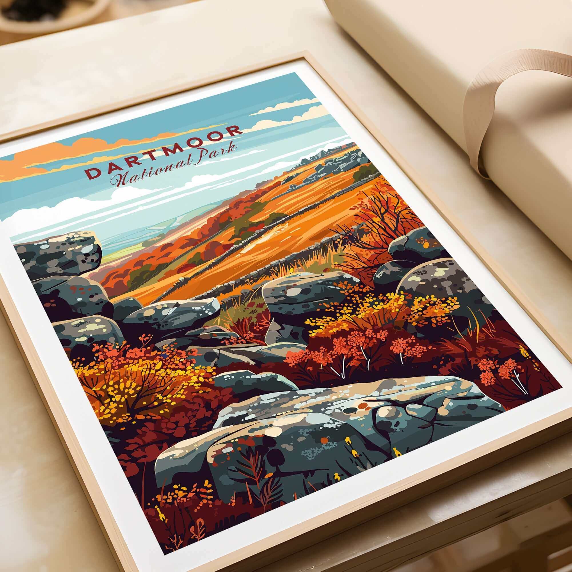 Dartmoor Poster National Park showcasing scenic landscapes and wildlife in vibrant colors, perfect for nature lovers.