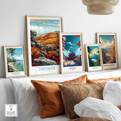 Dartmoor Print National Park framed artwork displayed among scenic prints of diverse landscapes.