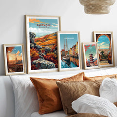 Dartmoor Poster National Park framed among other travel posters on a cozy sofa, perfect for home decor.