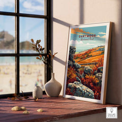 Dartmoor Poster National Park displayed in a sunny room with scenic landscape art and natural decor.