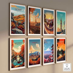 Dartmoor Poster National Park displayed among various city posters on a stylish wall, showcasing diverse global landmarks.