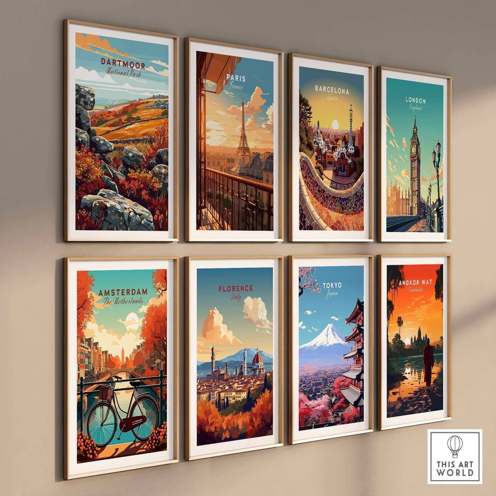 Dartmoor Poster National Park displayed among various city posters on a stylish wall, showcasing diverse global landmarks.