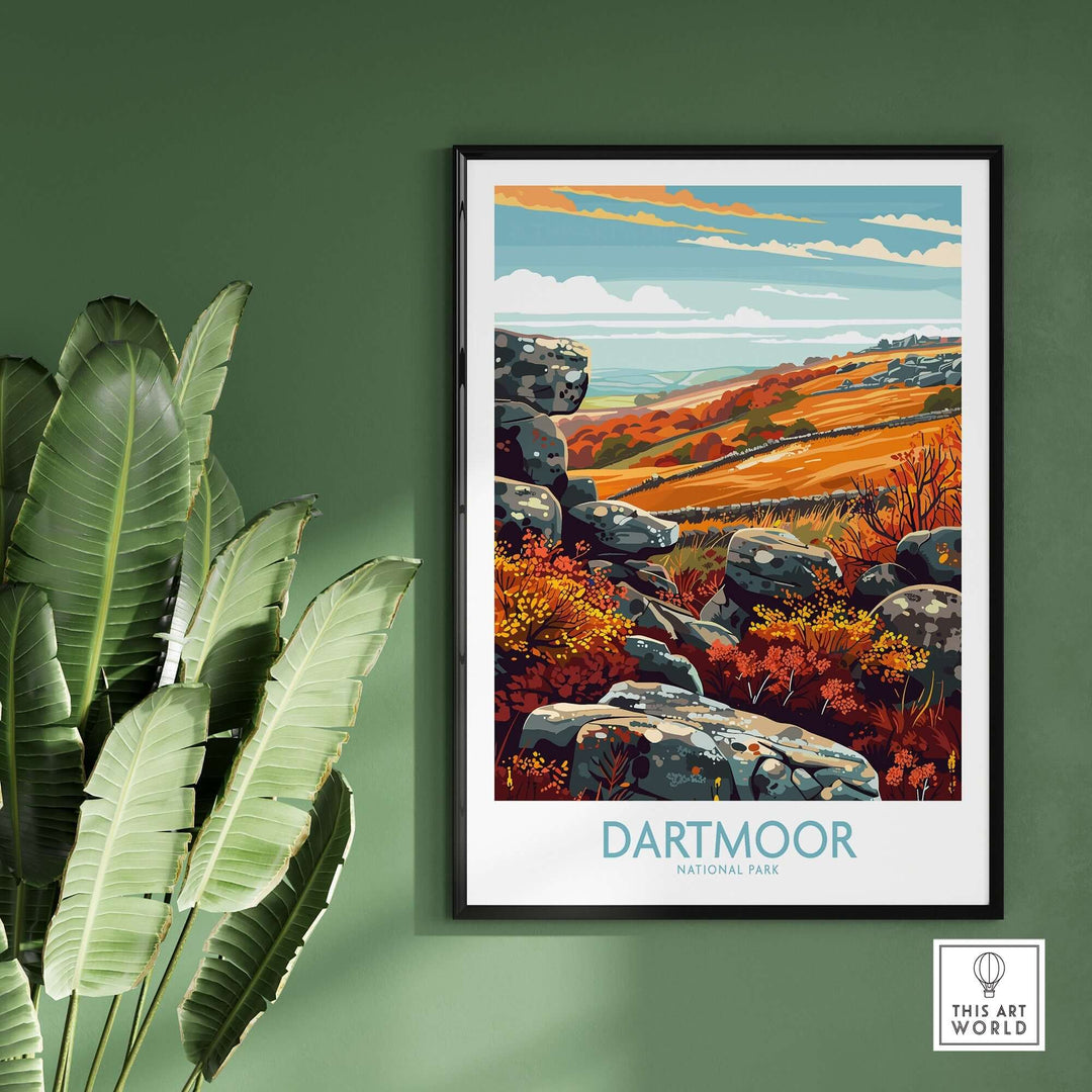 Dartmoor National Park print featuring vibrant landscapes and rocky terrain, ideal for nature lovers and hikers.