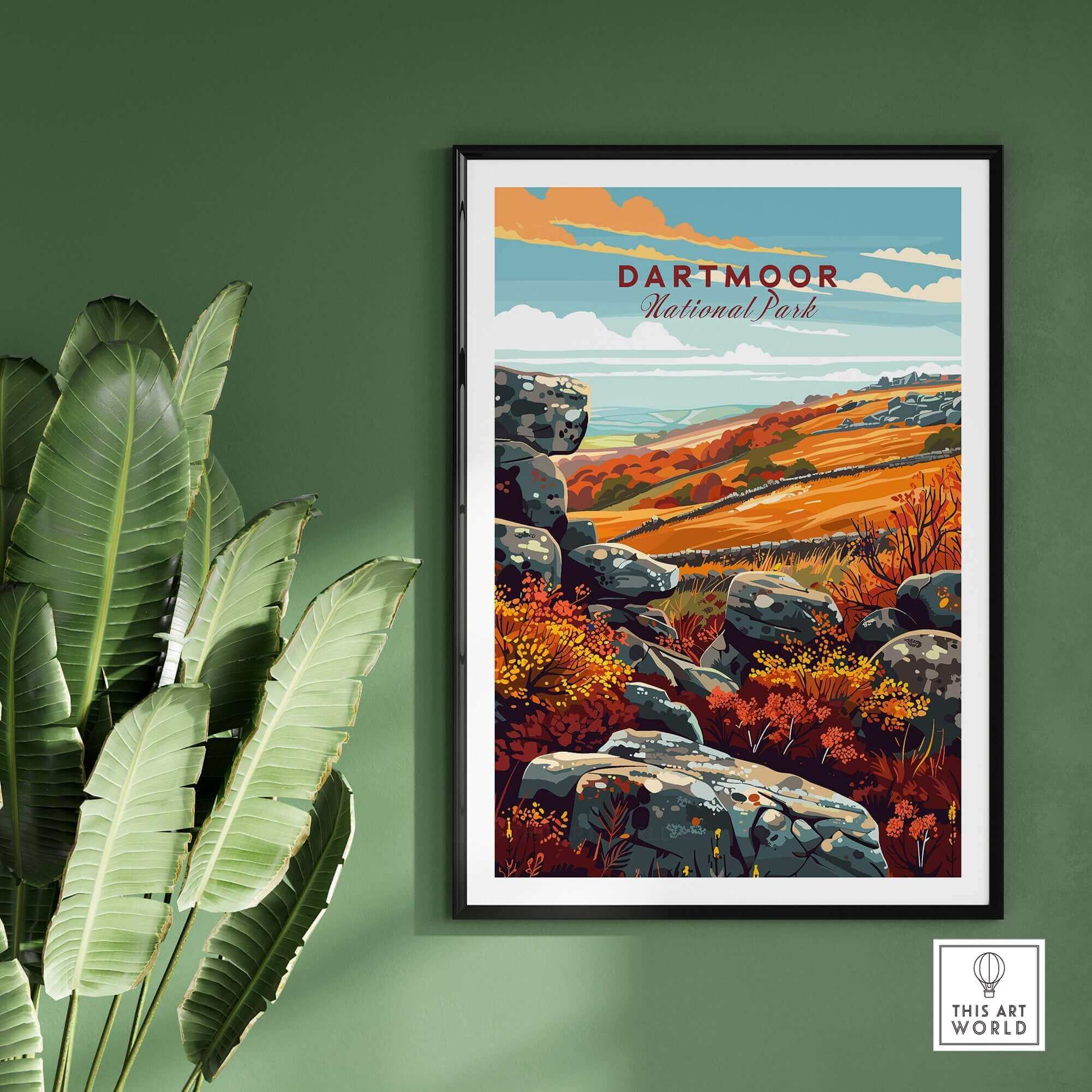 Dartmoor Poster National Park showcasing scenic landscapes and vibrant colors, perfect for nature lovers.