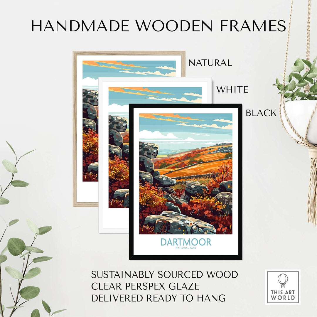 Handmade wooden frames in natural, white, and black colors featuring Dartmoor print artwork, ready to hang.