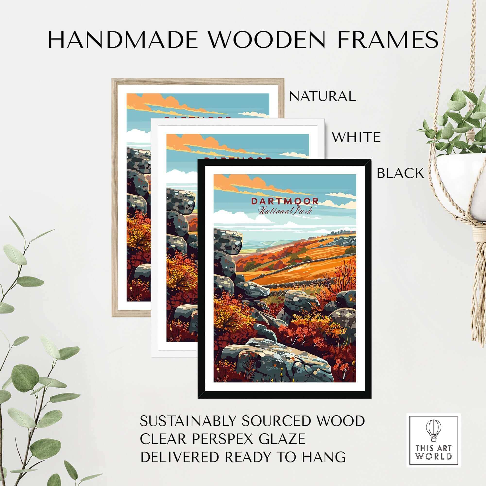 Dartmoor Poster National Park displayed in handmade wooden frames, natural, white, and black, showcasing sustainable materials.