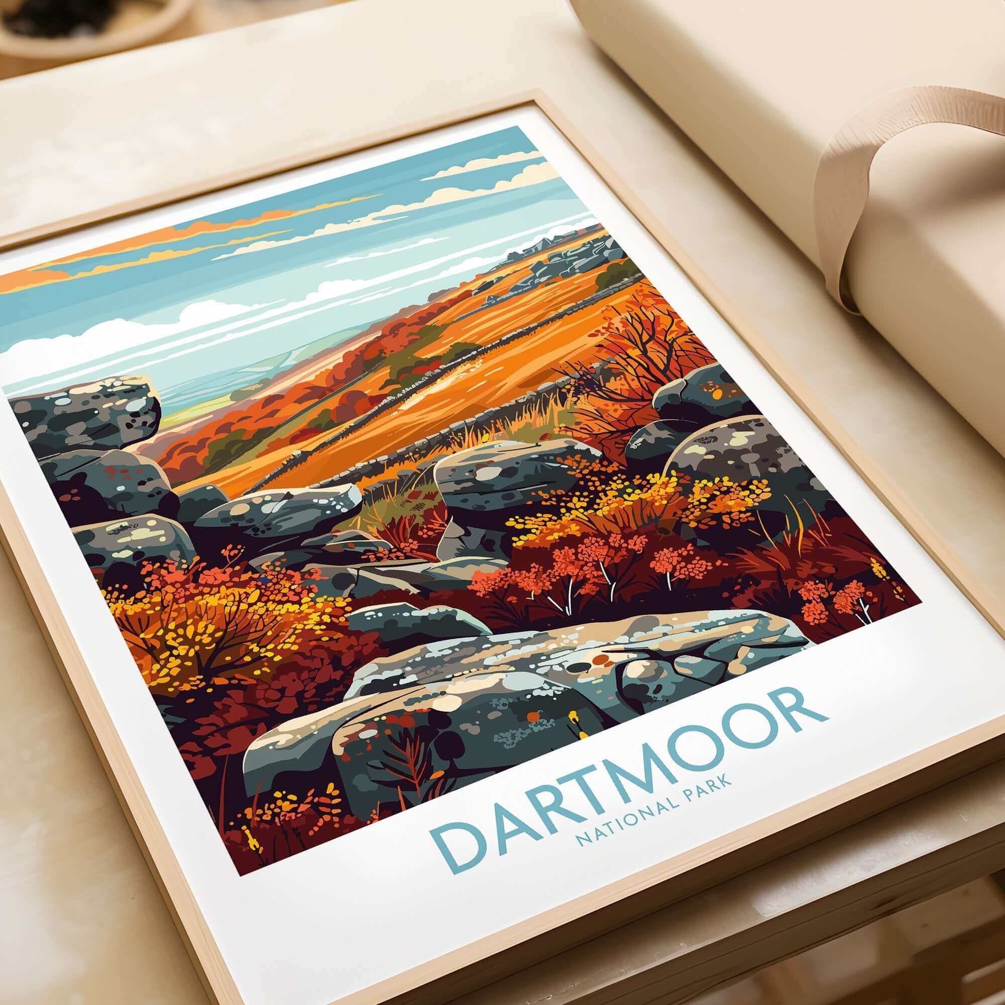 Dartmoor Print National Park showcasing vibrant autumn landscape and rocky terrain.