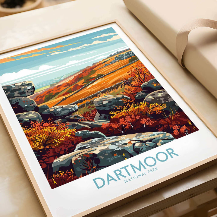 Dartmoor National Park print featuring vibrant landscapes and rocky terrain, perfect for nature lovers and adventure seekers.