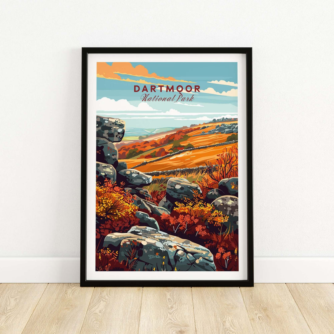 Colorful Dartmoor National Park print featuring rocky terrain and autumn foliage in a framed artwork display.