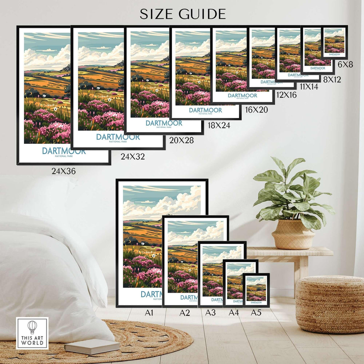 Dartmoor Travel Print size guide showcasing various frame sizes and the stunning Dartmoor landscape.