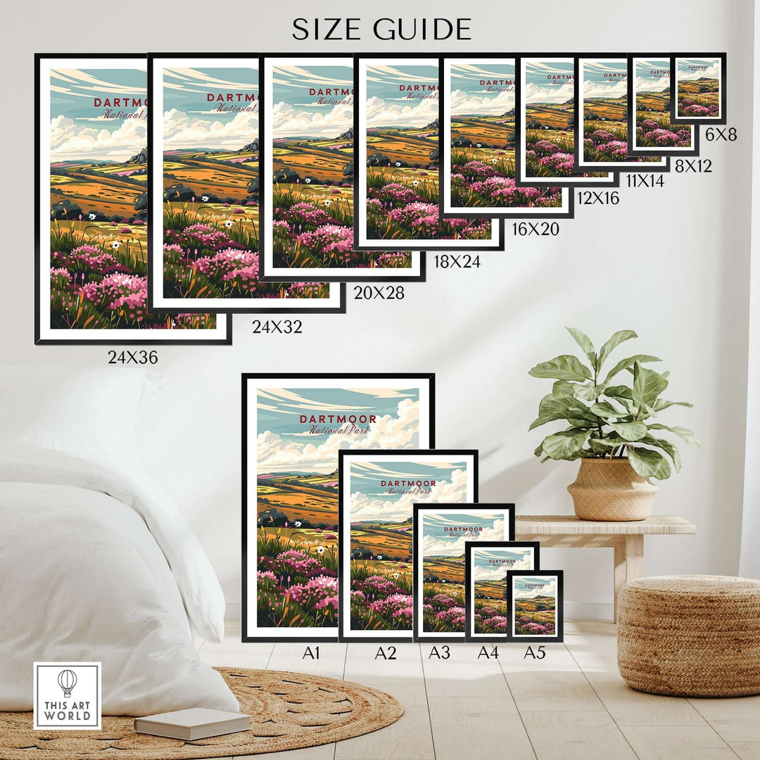 Dartmoor travel print size guide with various framed print dimensions displayed in a cozy room setting.