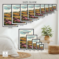 Dartmoor Travel Poster size guide showing various frame sizes in a cozy room setting.