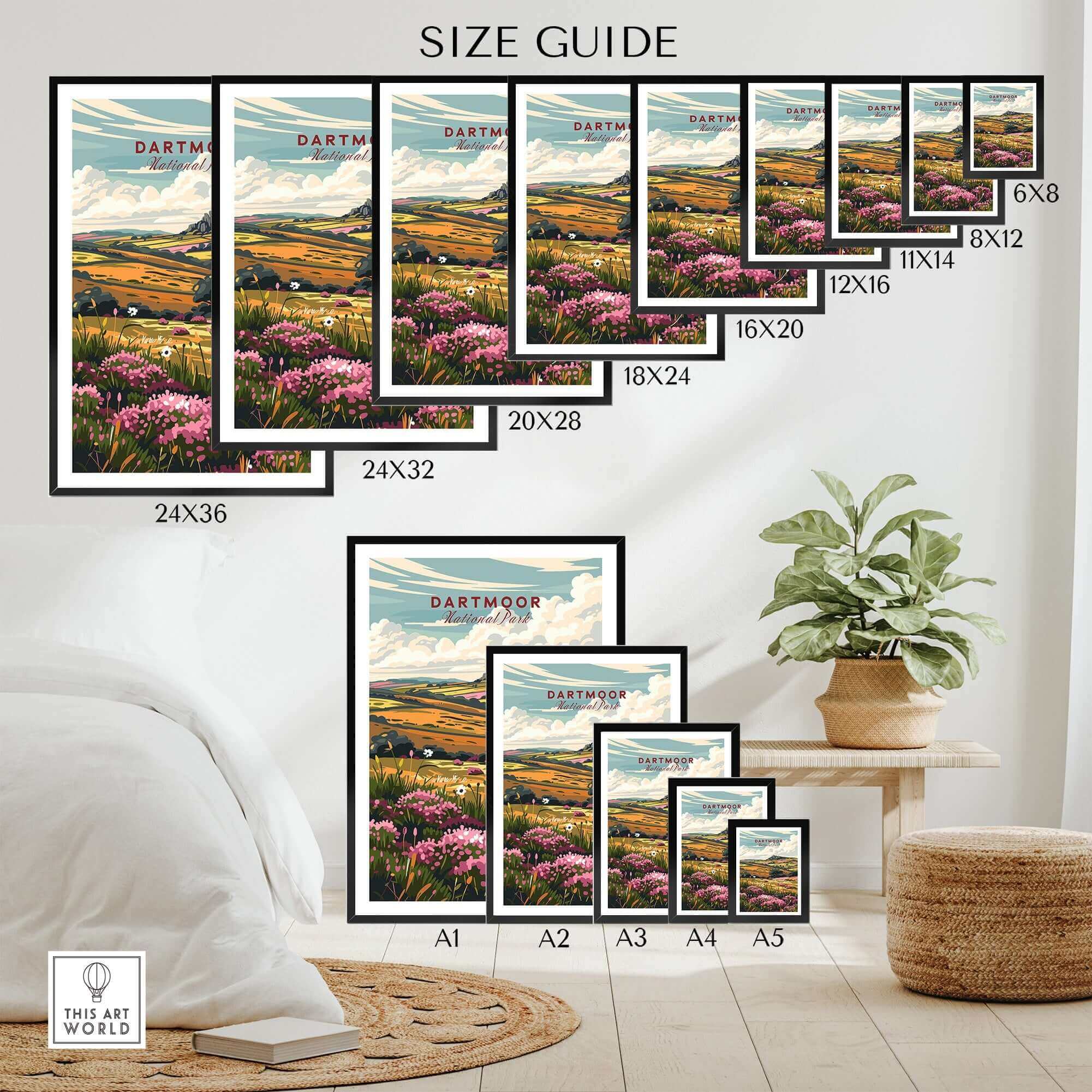 Dartmoor Travel Poster size guide showing various frame sizes in a cozy room setting.