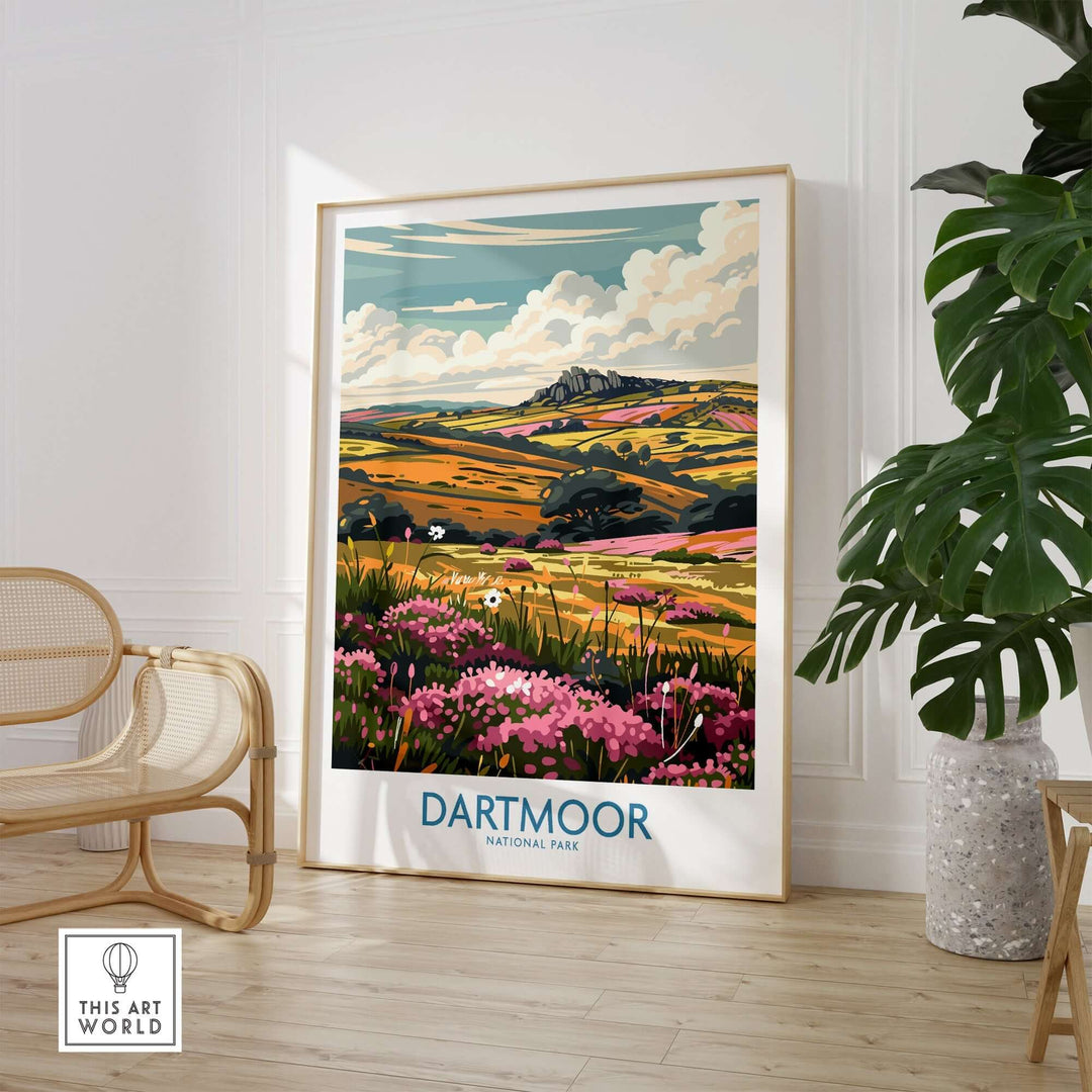 Dartmoor travel print showcasing rolling hills and vibrant landscapes, framed and displayed in a stylish indoor setting.