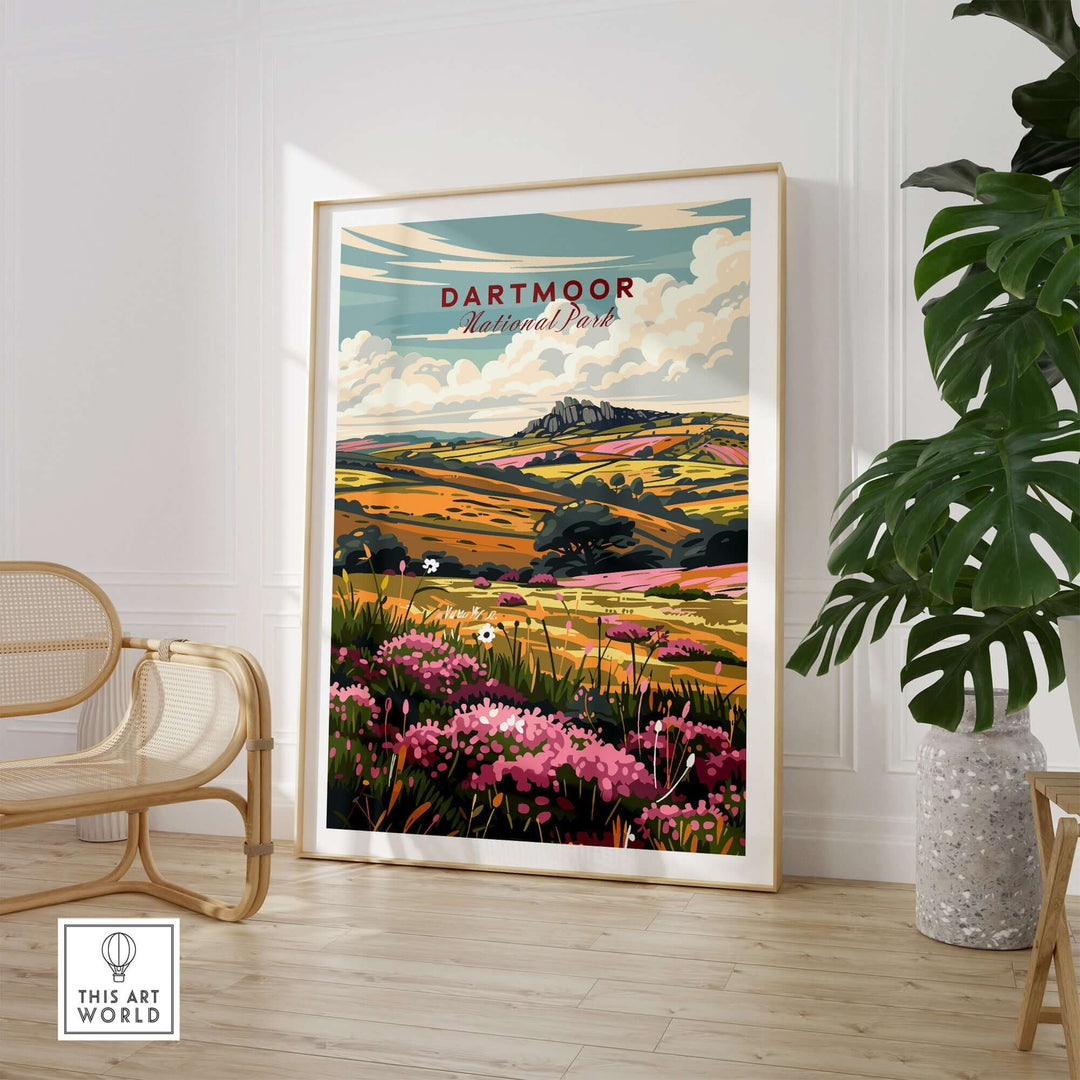 Dartmoor National Park vintage travel print showcasing vibrant landscapes and pink flora in a stylish interior setting.