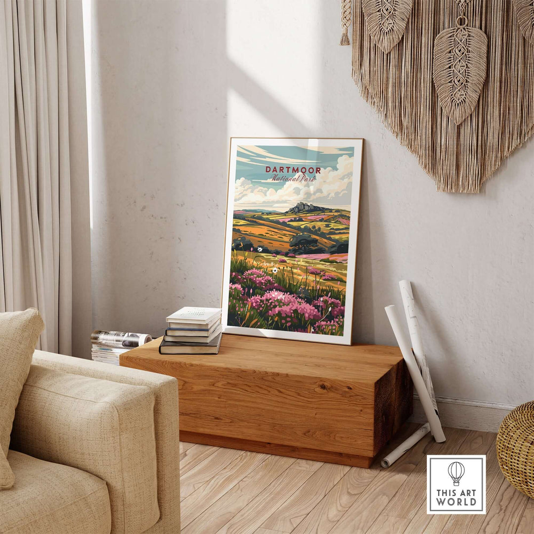 Dartmoor travel print displayed in a modern living room setting, showcasing vibrant landscapes and serene natural beauty.