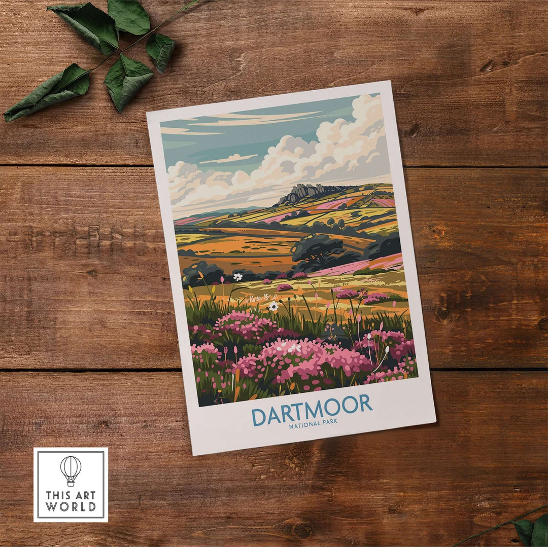 Dartmoor National Park travel print showcasing lush landscapes and rolling hills, perfect for nature lovers and adventurers.