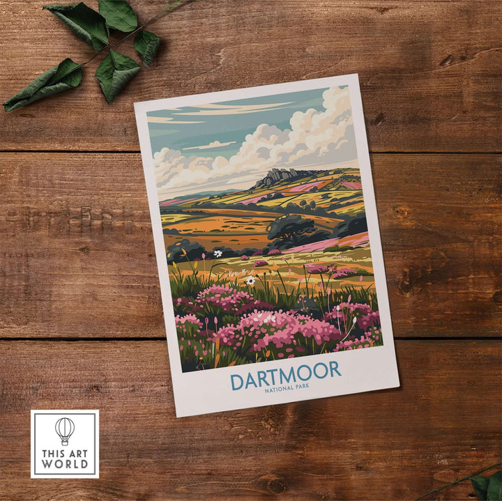 Dartmoor National Park travel print showcasing lush landscapes and rolling hills, perfect for nature lovers and adventurers.