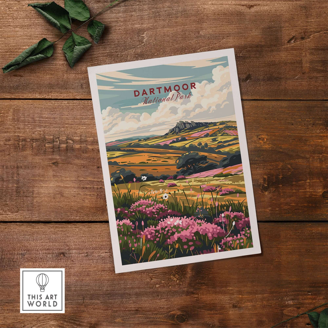 Dartmoor National Park travel print featuring scenic landscapes and colorful flowers on a wooden surface.