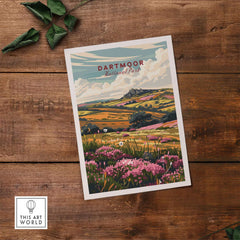 Dartmoor Travel Poster showcasing the scenic beauty of Dartmoor National Park with vibrant landscapes and colorful flowers.