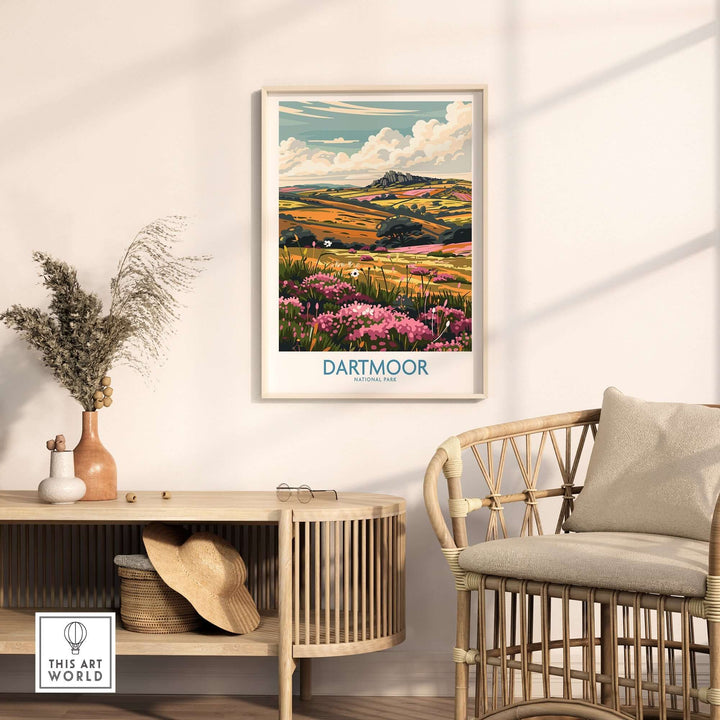 Dartmoor travel print displayed in a stylish room with natural decor, capturing rolling hills and vibrant landscapes.