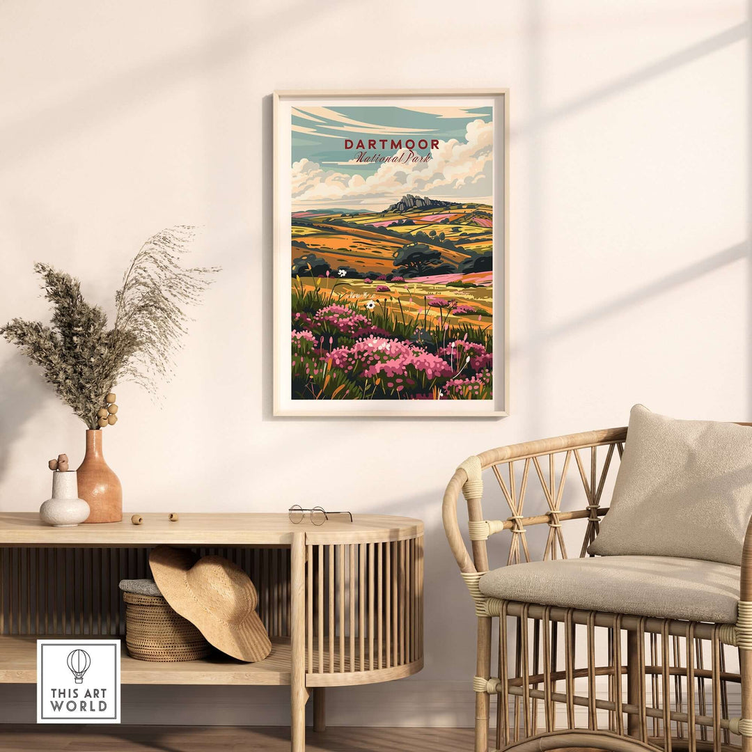 Dartmoor travel print featuring vibrant landscapes and flowers, displayed in a stylish interior setting.