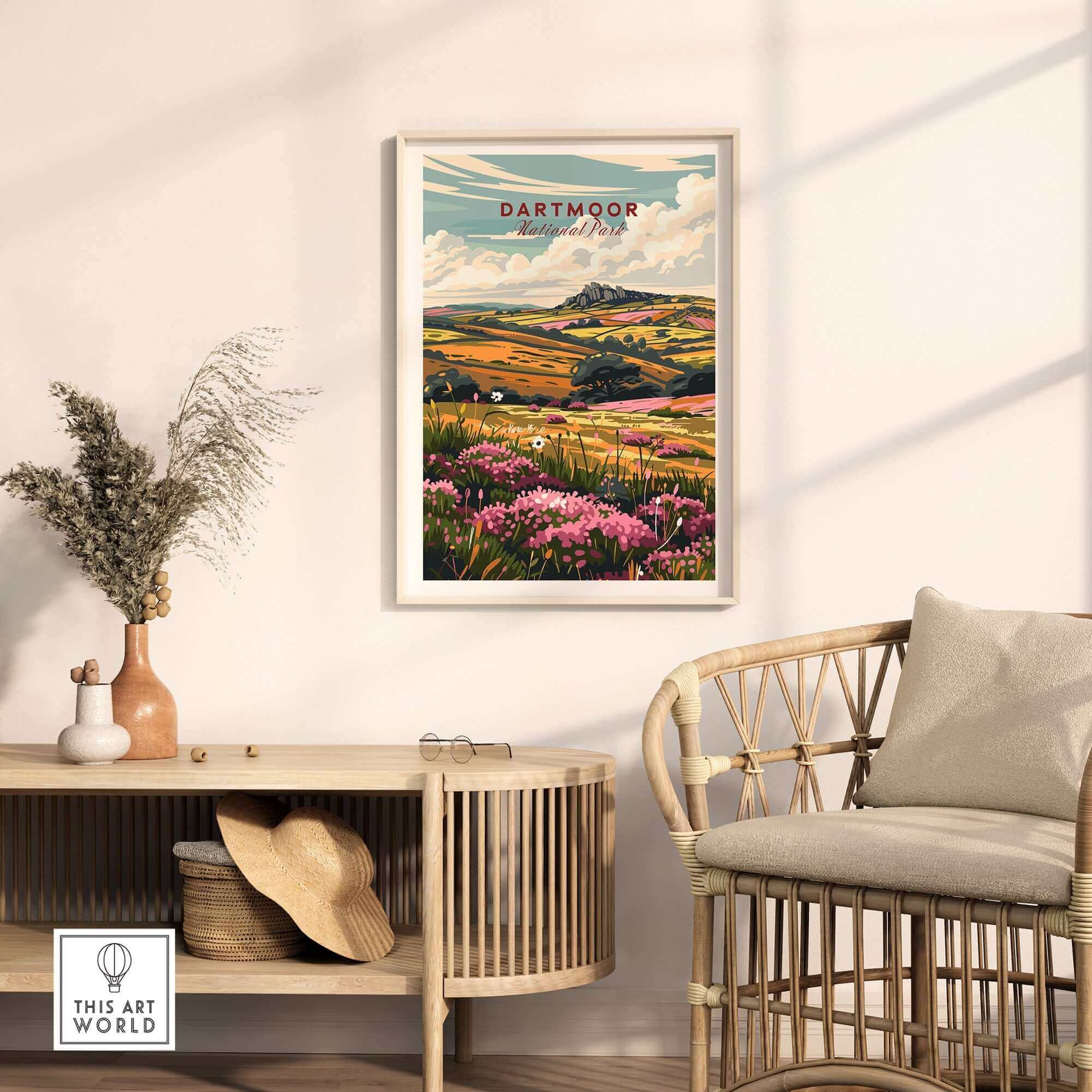 Dartmoor Travel Poster displayed in a stylish living room with lush scenery and vibrant colors.