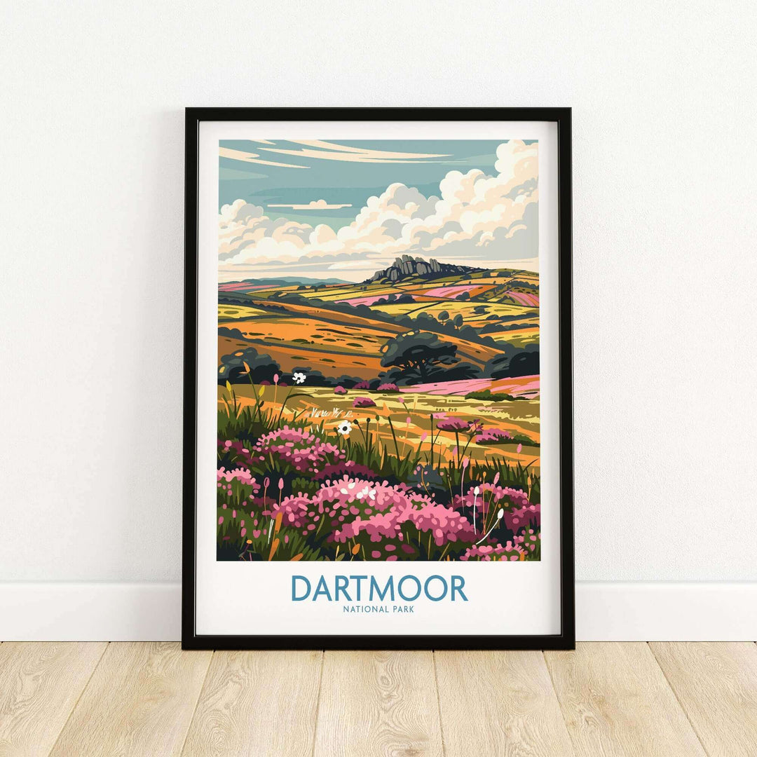 Dartmoor Travel Print featuring lush landscapes and vibrant flora of Dartmoor National Park in a stylish frame.