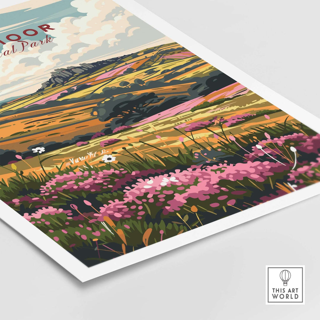 Colorful Dartmoor travel print showcasing vibrant flowers and scenic hills in a beautiful landscape design.