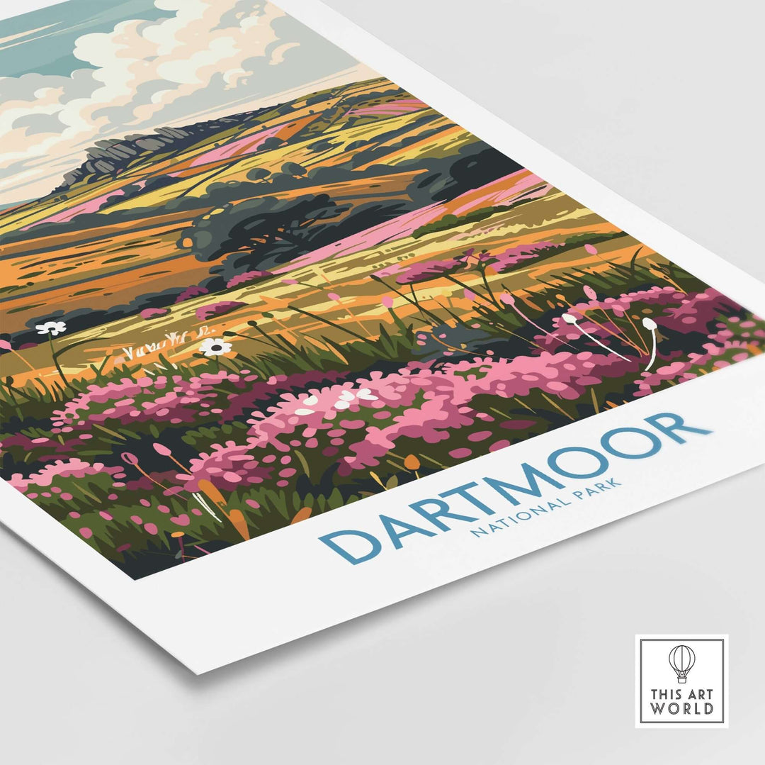 Dartmoor Travel Print showcasing vibrant landscapes and hills of Dartmoor National Park, perfect for nature lovers.