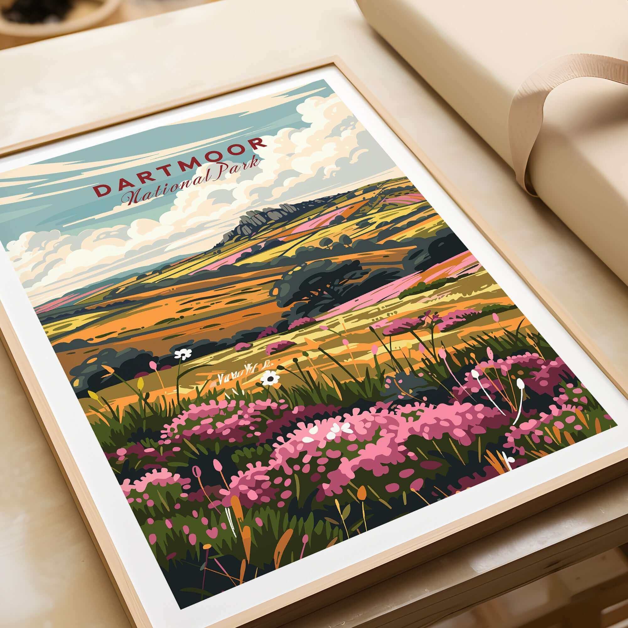 Dartmoor Travel Poster showcasing the stunning landscape of Dartmoor National Park with vibrant colors and flowers.