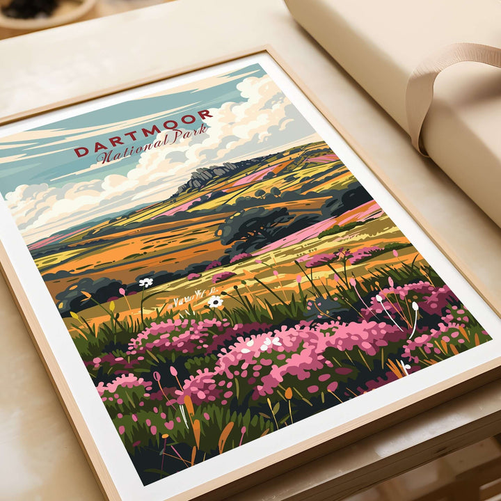 Vibrant Dartmoor National Park travel print showcasing lush fields and scenic landscapes in a stylish frame.