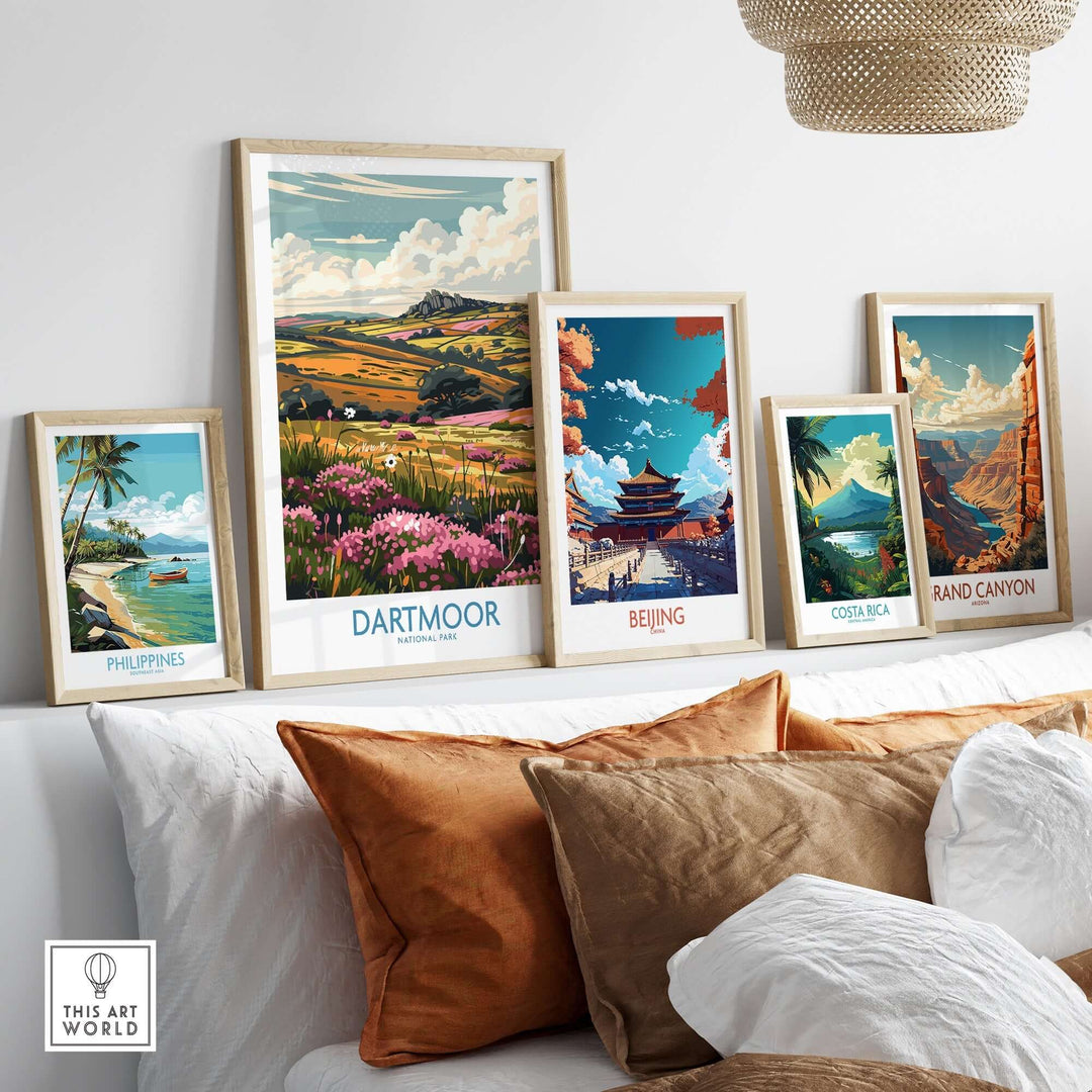 Beautiful travel prints showcasing Dartmoor, Philippines, Beijing, Costa Rica, and the Grand Canyon in a modern home setting.