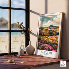 Dartmoor Travel Print showcasing vibrant landscapes and natural beauty in a stylish frame by the window.