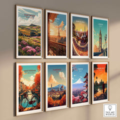 A collection of travel posters including the Dartmoor Travel Poster, showcasing iconic cities and landscapes.