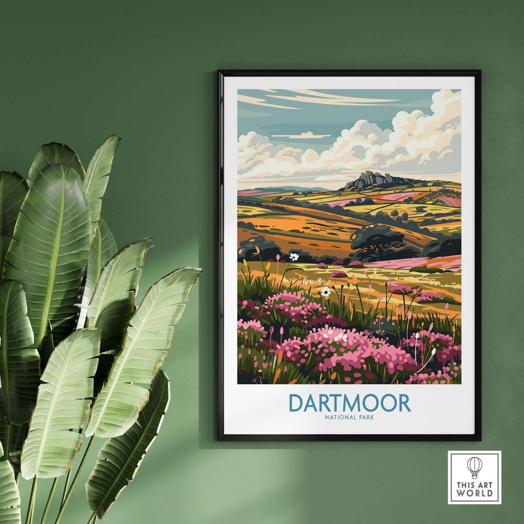 Dartmoor National Park travel print showcasing lush landscapes and rolling hills, perfect for nature lovers and adventure seekers.