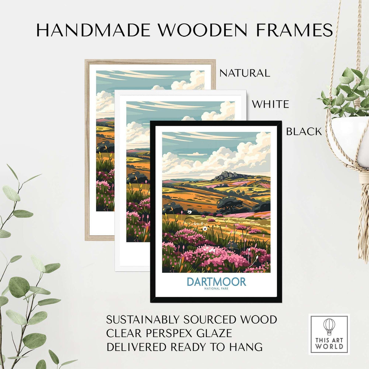 Dartmoor Travel Print displayed in handmade wooden frames: natural, white, and black.