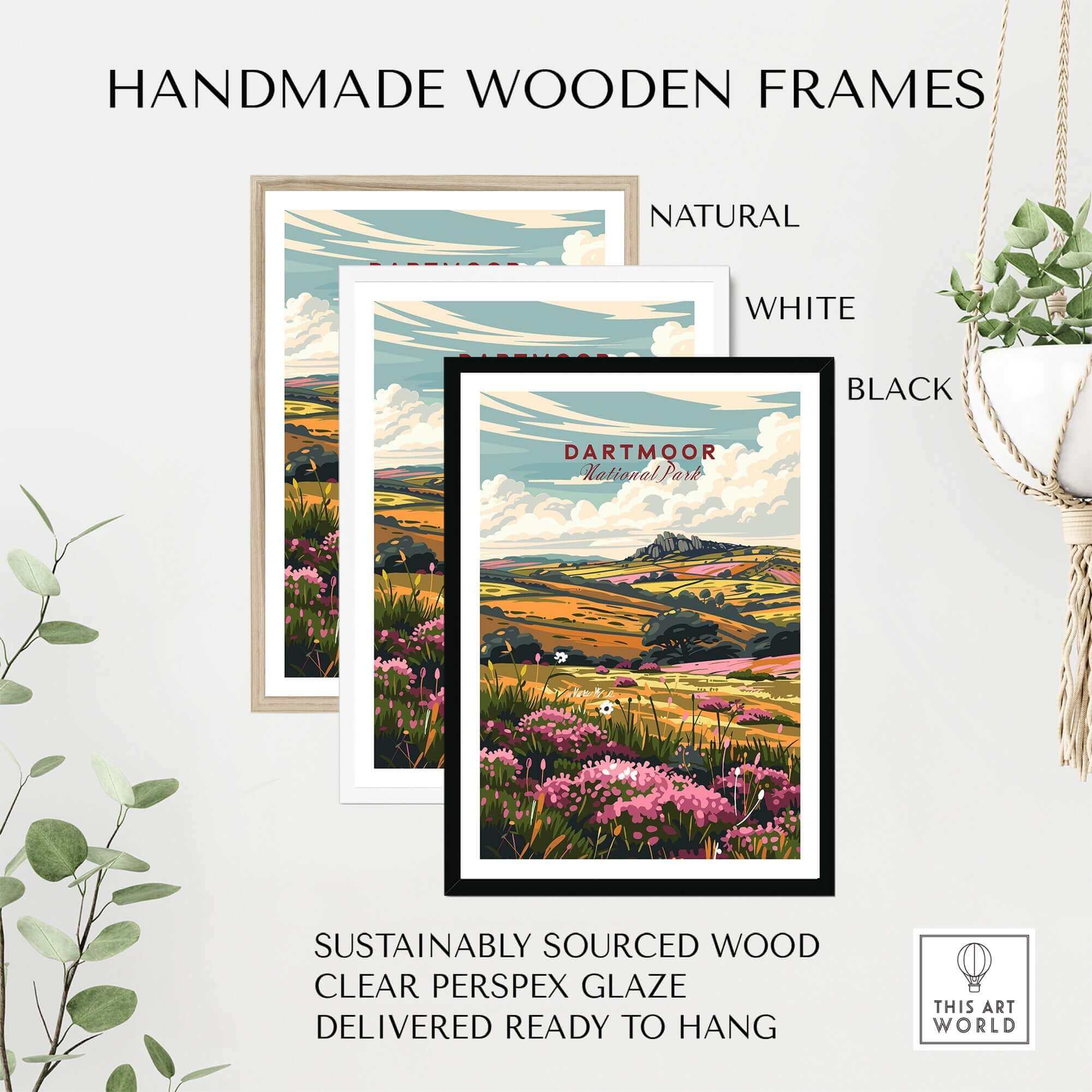 Handmade wooden frames showcasing a Dartmoor Travel Poster, available in natural, white, and black finishes.