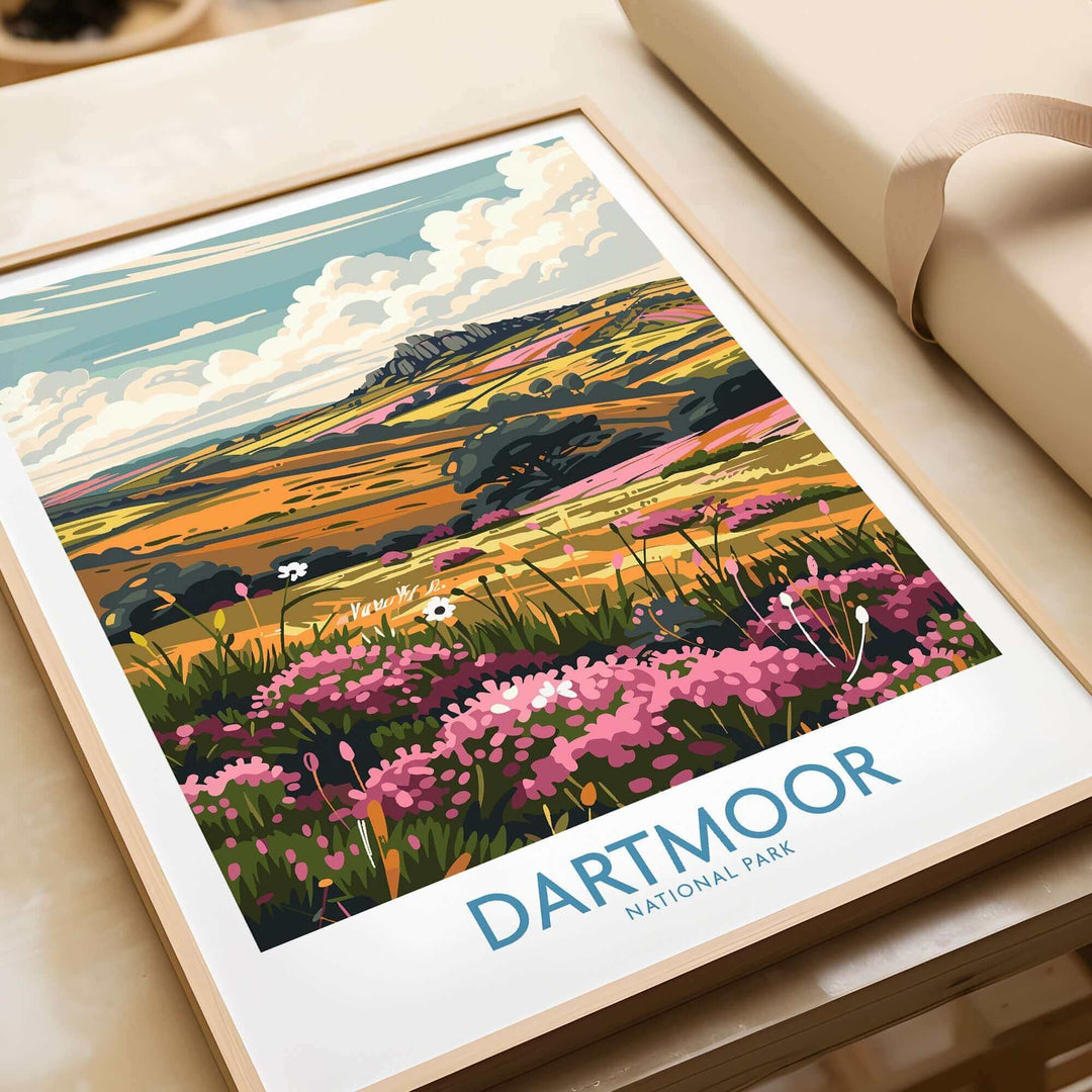 Dartmoor travel print showcasing lush landscapes and vibrant flowers, highlighting the beauty of Dartmoor National Park.