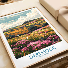Dartmoor Travel Print featuring vibrant landscapes and rolling hills, capturing the essence of Dartmoor National Park.