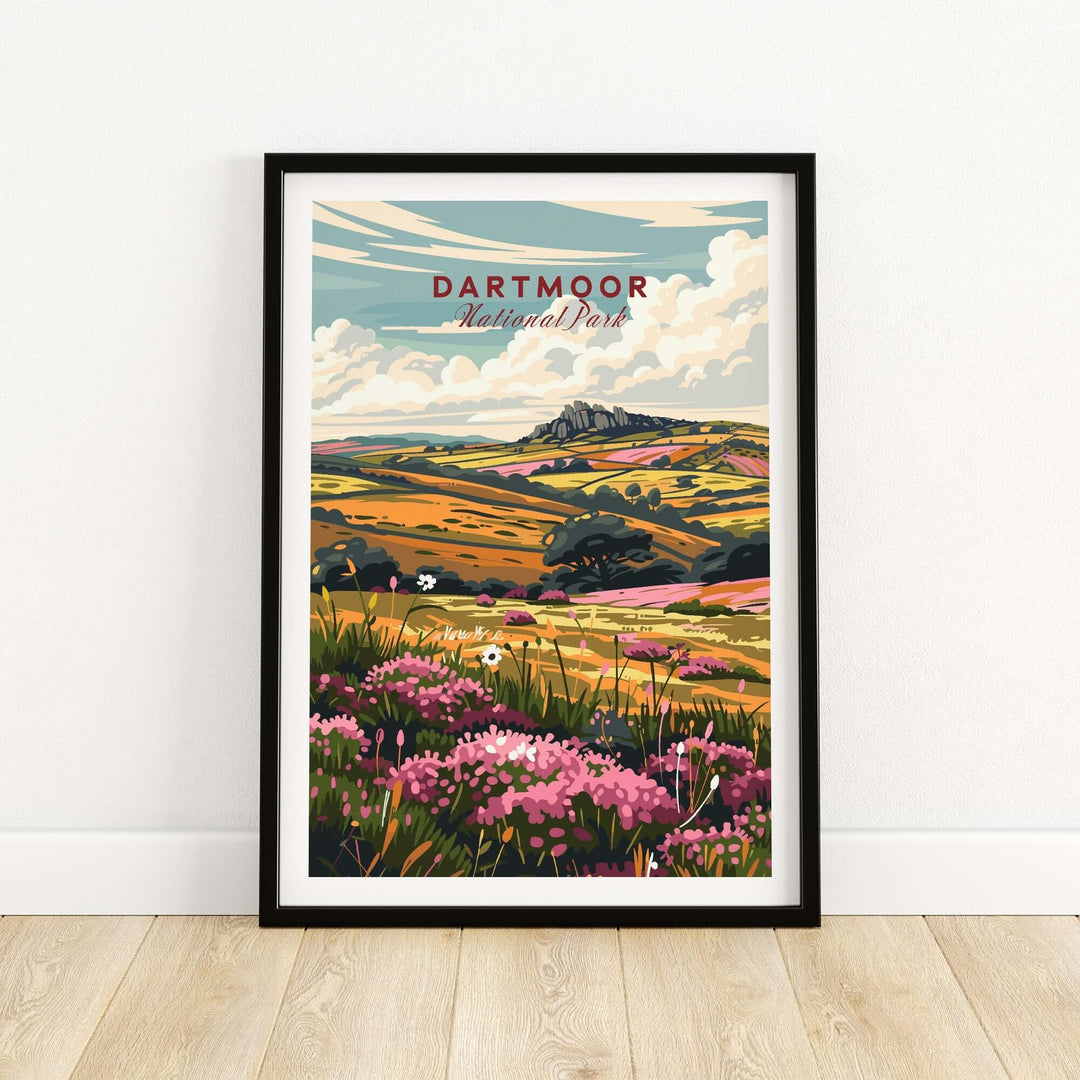 Dartmoor National Park travel print featuring vibrant landscapes and flowers in a framed design.