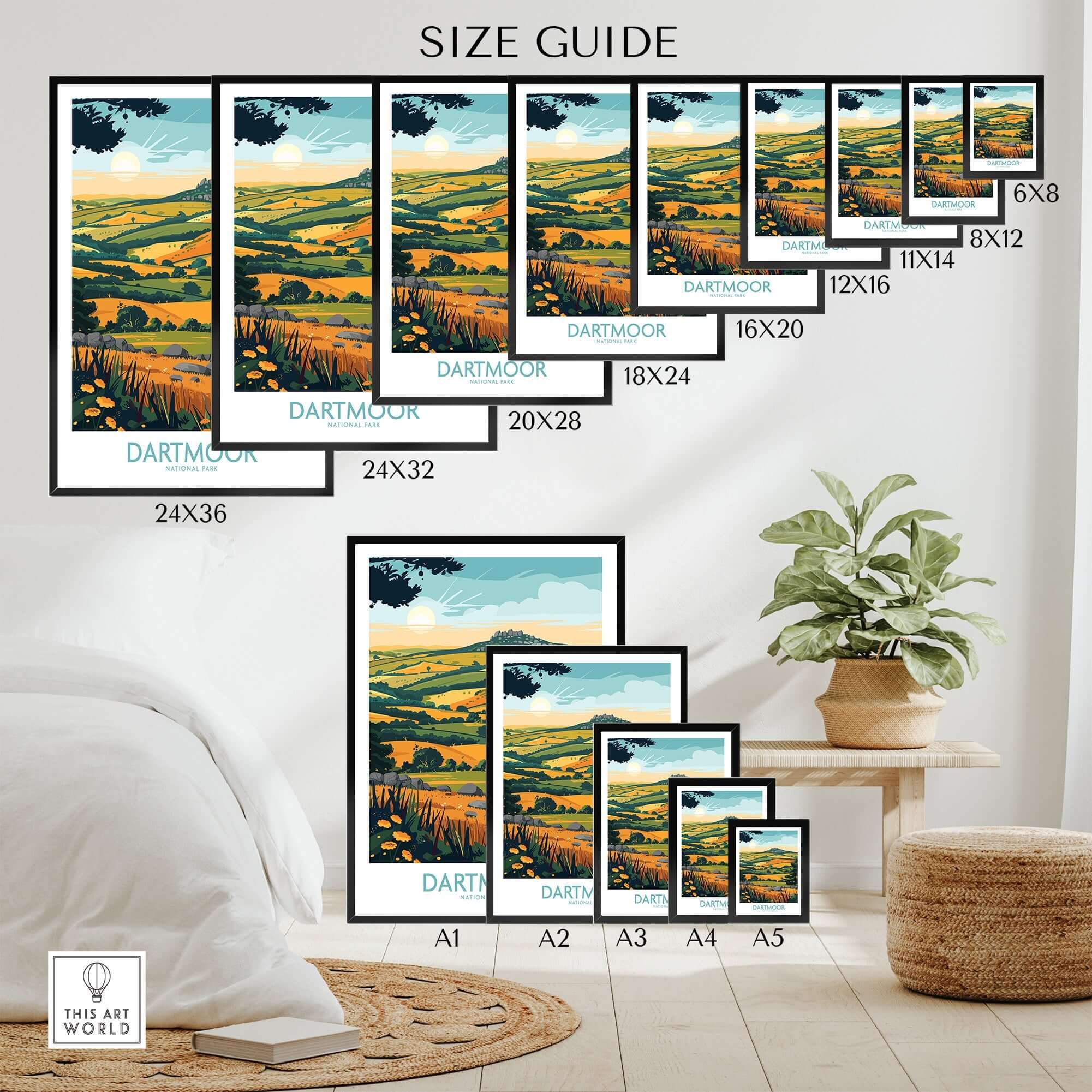 Dartmoor Wall Art size guide showcasing various dimensions and showcasing the Dartmoor landscape.