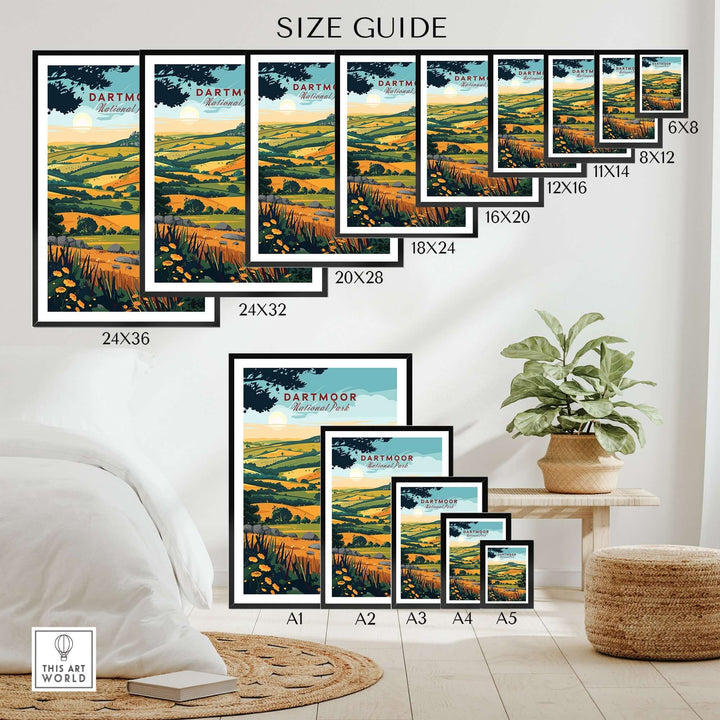 Size guide for Dartmoor Wall Art showing available frame sizes and dimensions for various prints in a stylish setting.