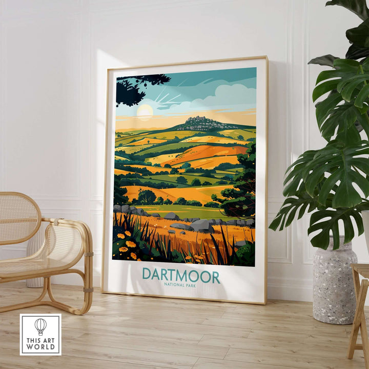 Dartmoor Wall Art featuring a vibrant landscape of Dartmoor National Park in a stylish interior setting.