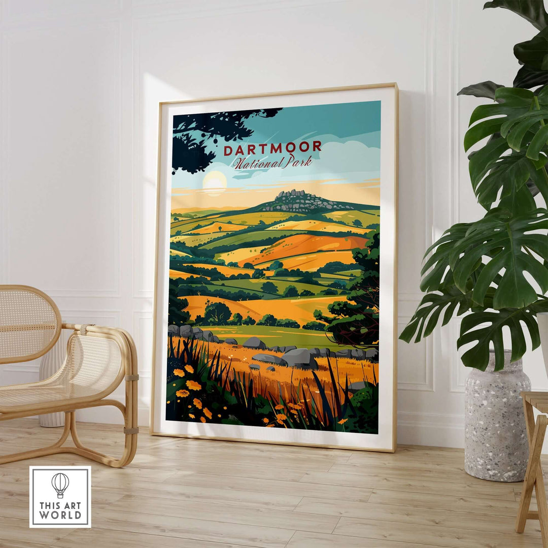 Dartmoor National Park wall art featuring vibrant landscapes and hills, displayed in a stylish home interior setting.