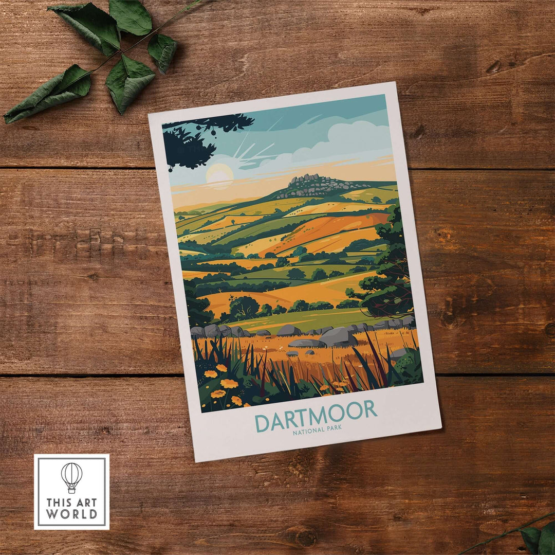 Dartmoor Wall Art featuring a vibrant landscape of Dartmoor National Park, showcasing rolling hills and natural beauty.