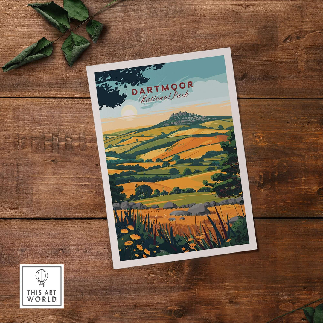 Dartmoor National Park wall art print featuring vibrant landscapes and rolling hills on a rustic wooden background.