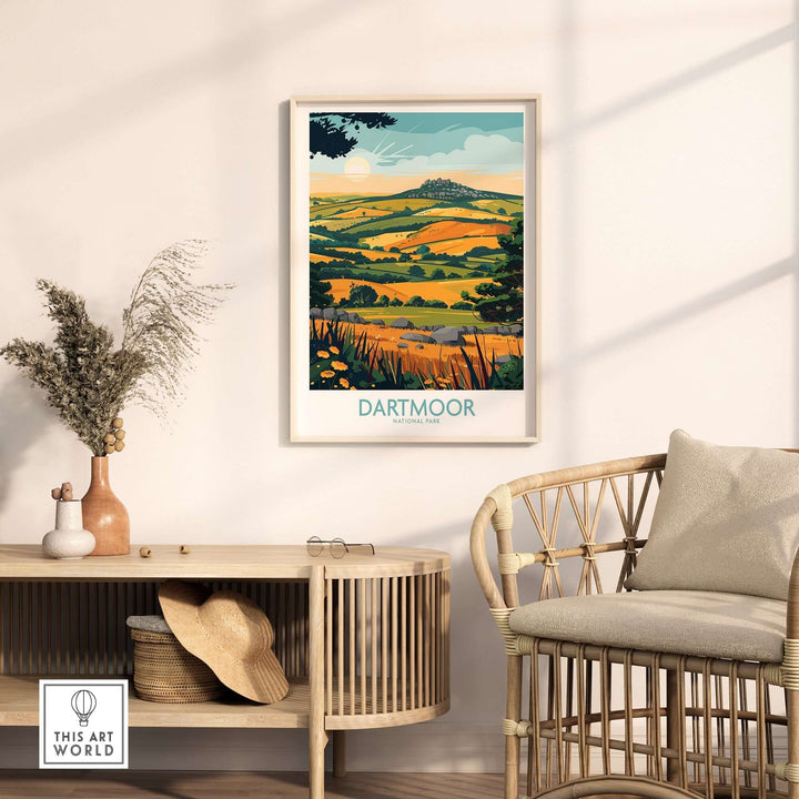 Beautiful Dartmoor wall art depicting the rugged landscape, showcased in a stylish home setting with natural decor.