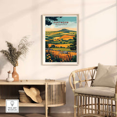 Dartmoor Wall Art Print featuring a vibrant landscape of Dartmoor National Park in a stylish living room setting.