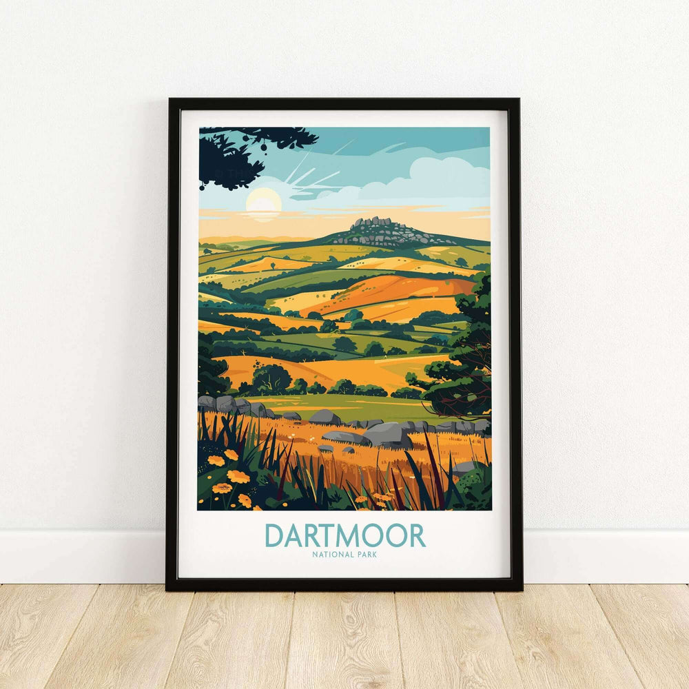 Framed Dartmoor Wall Art showcasing the vibrant landscape of Dartmoor National Park with rolling hills and lush greenery.